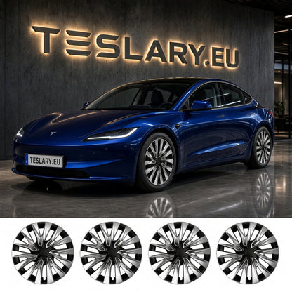A blue Tesla Model 3 Highland shown in a showroom with a large TESLARY.EU sign on the wall behind it. TESLA MODEL 3 HIGHLAND NOVA WHEEL COVERS PERFORMANCE HUB CAPS BUY FROM IRELAND AND EUROPES TESLARY.EU WITH FREE DELIVERY ACROSS EUROPE WITH FEDEX