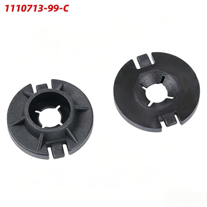 An automotive parts diagram showing a black circular component labeled 1110713-99-C, with a line drawing of a vehicle body panel indicating mounting locations marked with red circles. TESLA_111071399C_BUY_FROM_EUROPES_TESLA_ACCESSORIES_SPECIALISTS_TESLARY.EU_TESLARY.IE_TESLARY.PT_TESLARY.ES_TESLARY.NL_TESLARY.FR