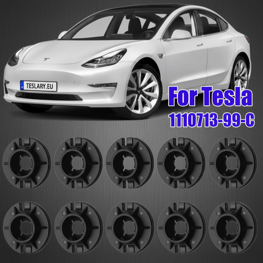 An automotive parts diagram showing a black circular component labeled 1110713-99-C, with a line drawing of a vehicle body panel indicating mounting locations marked with red circles. TESLA_111071399C_BUY_FROM_EUROPES_TESLA_ACCESSORIES_SPECIALISTS_TESLARY.EU_TESLARY.IE_TESLARY.PT_TESLARY.ES_TESLARY.NL_TESLARY.FR