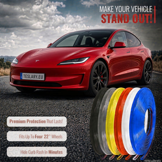 A red Tesla Model Y on a road with promotional text and a row of vinyl wrap color rolls in the foreground. The text reads 'MAKE YOUR VEHICLE STAND OUT!' and lists benefits like premium protection, fitment up to four 22-inch wheels, and curb rash hiding in minutes. TESLA WHEEL COVER PROTECTIVE STRIPS IN RED WHITE BLACK GREY 8 METRES BUY FROM IRELAND AND EUROPES TESLARY.EU