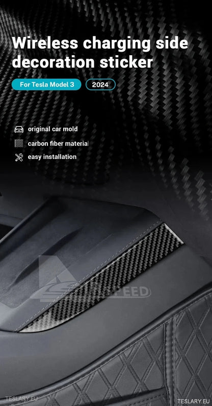 Tesla 3 Highland/Y Juniper ekte myk karbonfiber Sidetrim for trådløs lader
