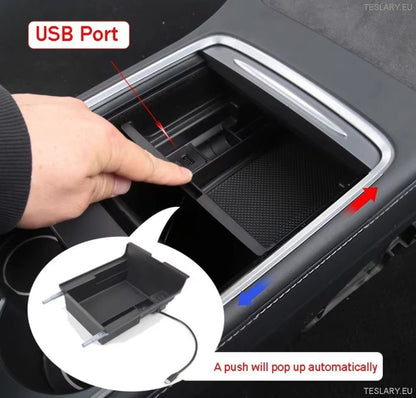 Tesla Model 3/Y Center Console Front arrangør med USB -porter og vårretur