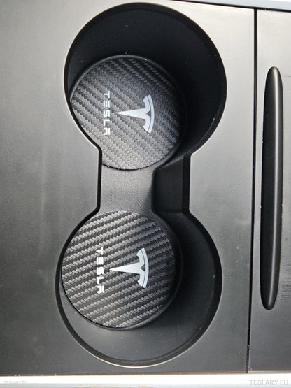 Tesla Model 3 Y S x Black Leather Center Console Cup Inserts med logo