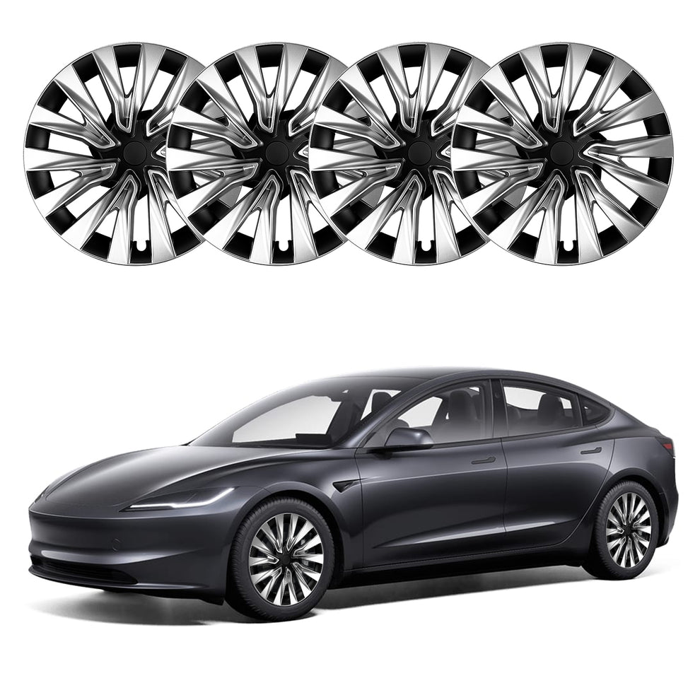 Four multi-spoke silver and black wheel covers shown above a dark gray sedan on a white background.TESLA MODEL 3 HIGHLAND NOVA WHEEL COVERS PERFORMANCE HUB CAPS BUY FROM IRELAND AND EUROPES TESLARY.EU WITH FREE DELIVERY ACROSS EUROPE WITH FEDEX