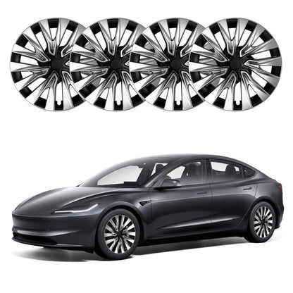 Four multi-spoke silver and black wheel covers shown above a dark gray sedan on a white background.TESLA MODEL 3 HIGHLAND NOVA WHEEL COVERS PERFORMANCE HUB CAPS BUY FROM IRELAND AND EUROPES TESLARY.EU WITH FREE DELIVERY ACROSS EUROPE WITH FEDEX