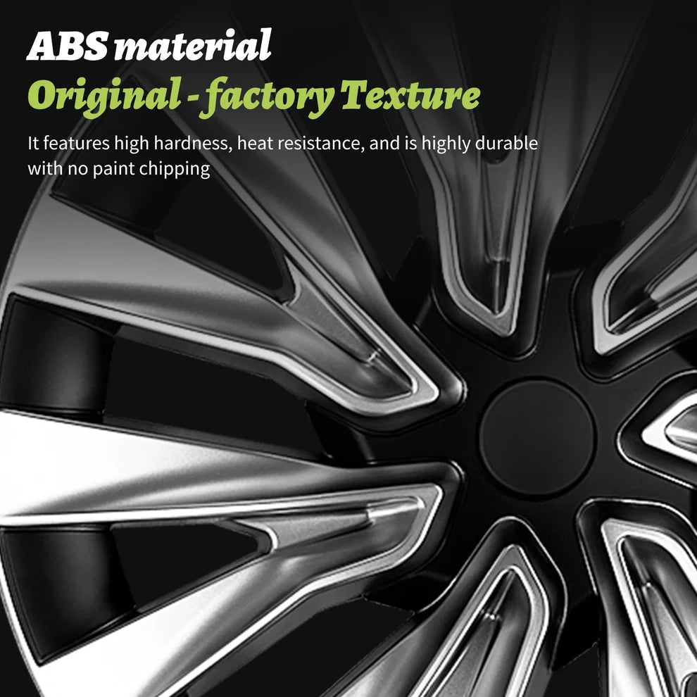 Close-up of a black and silver alloy wheel rim with promotional text reading 'ABS material Original - factory Texture' and a description of high hardness and heat resistance.