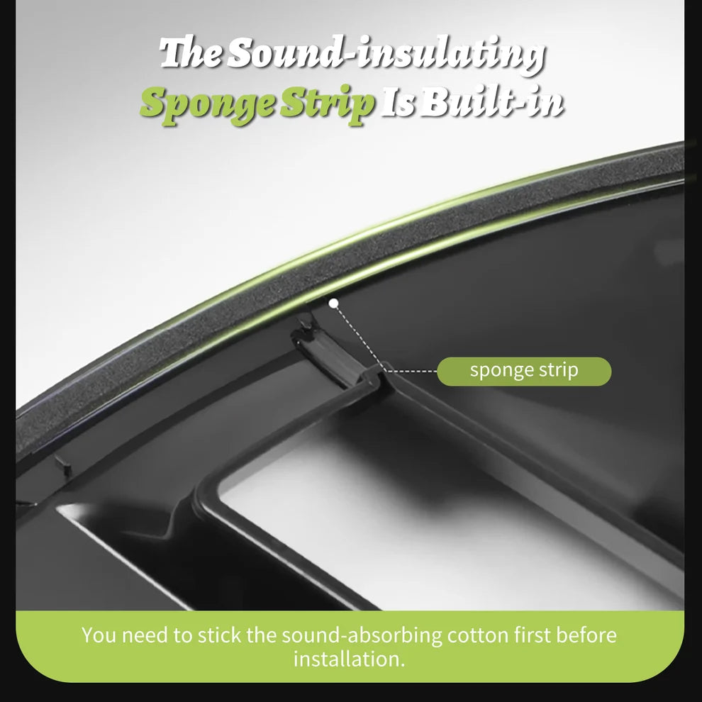 Sound-insulating sponge strip on a car panel with text indicating its purpose.