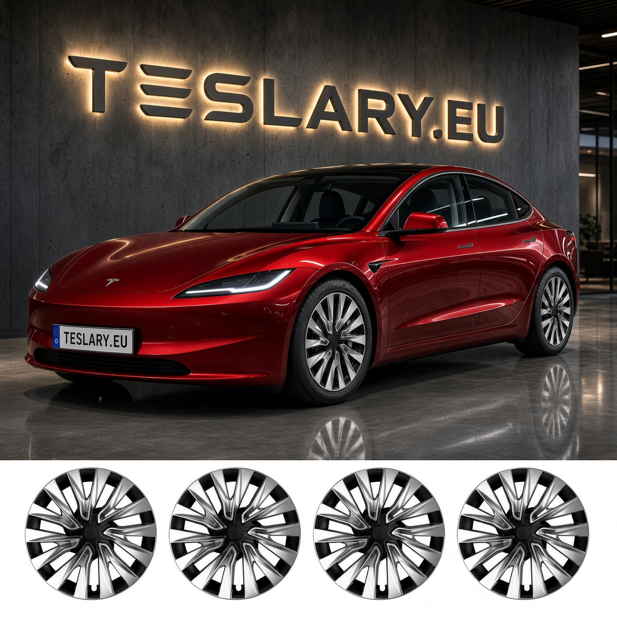A red Tesla Model 3 Highland shown in a showroom with a large TESLARY.EU sign on the wall behind it, plus four wheel covers displayed along the bottom. TESLA MODEL 3 HIGHLAND NOVA WHEEL COVERS PERFORMANCE HUB CAPS BUY FROM IRELAND AND EUROPES TESLARY.EU WITH FREE DELIVERY ACROSS EUROPE WITH FEDEX