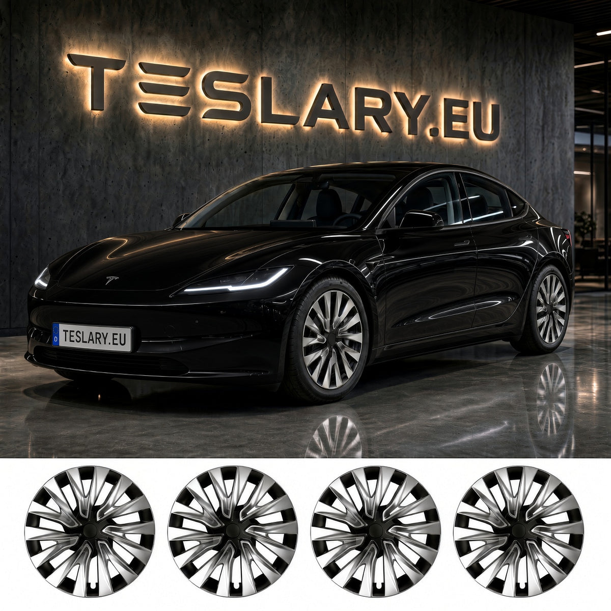 A black Tesla Model Plaid shown in a showroom with a large illuminated TESLARY.EU sign on the wall behind it, plus four wheel covers displayed along the bottom. 