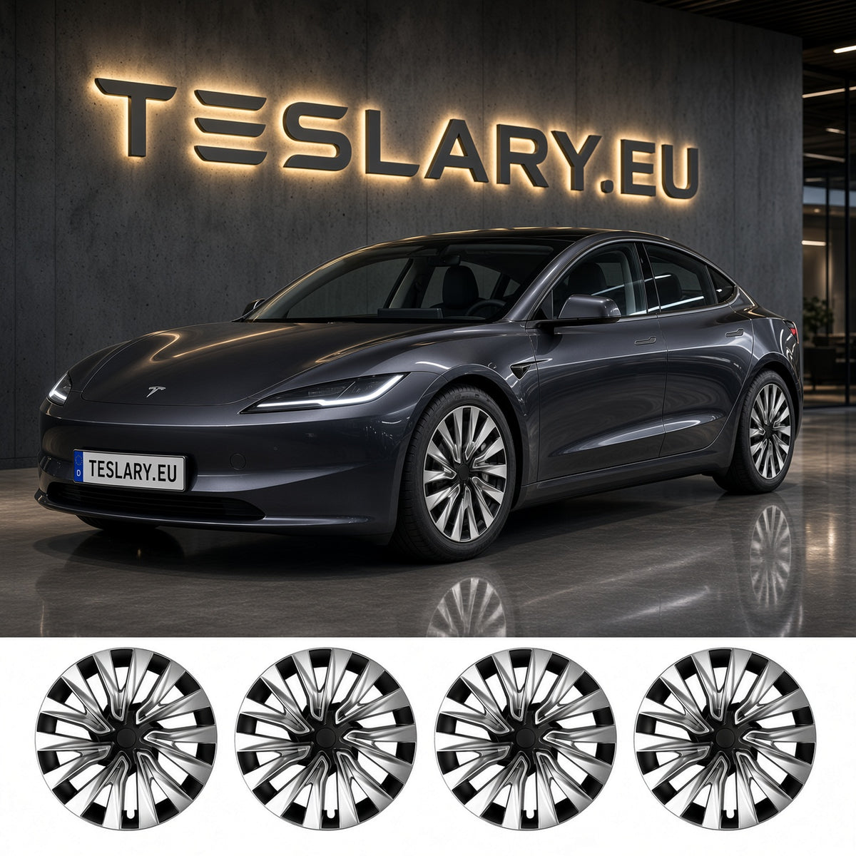 TESLA MODEL 3 HIGHLAND NOVA WHEEL COVERS PERFORMANCE HUB CAPS BUY FROM IRELAND AND EUROPES TESLARY.EU WITH FREE DELIVERY ACROSS EUROPE WITH FEDEX