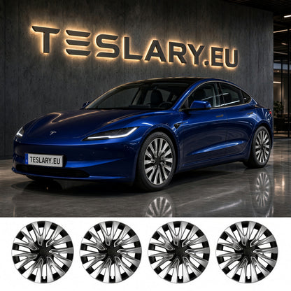 A blue Tesla Model 3 Highland shown in a showroom with a large TESLARY.EU sign on the wall behind it. TESLA MODEL 3 HIGHLAND NOVA WHEEL COVERS PERFORMANCE HUB CAPS BUY FROM IRELAND AND EUROPES TESLARY.EU WITH FREE DELIVERY ACROSS EUROPE WITH FEDEX