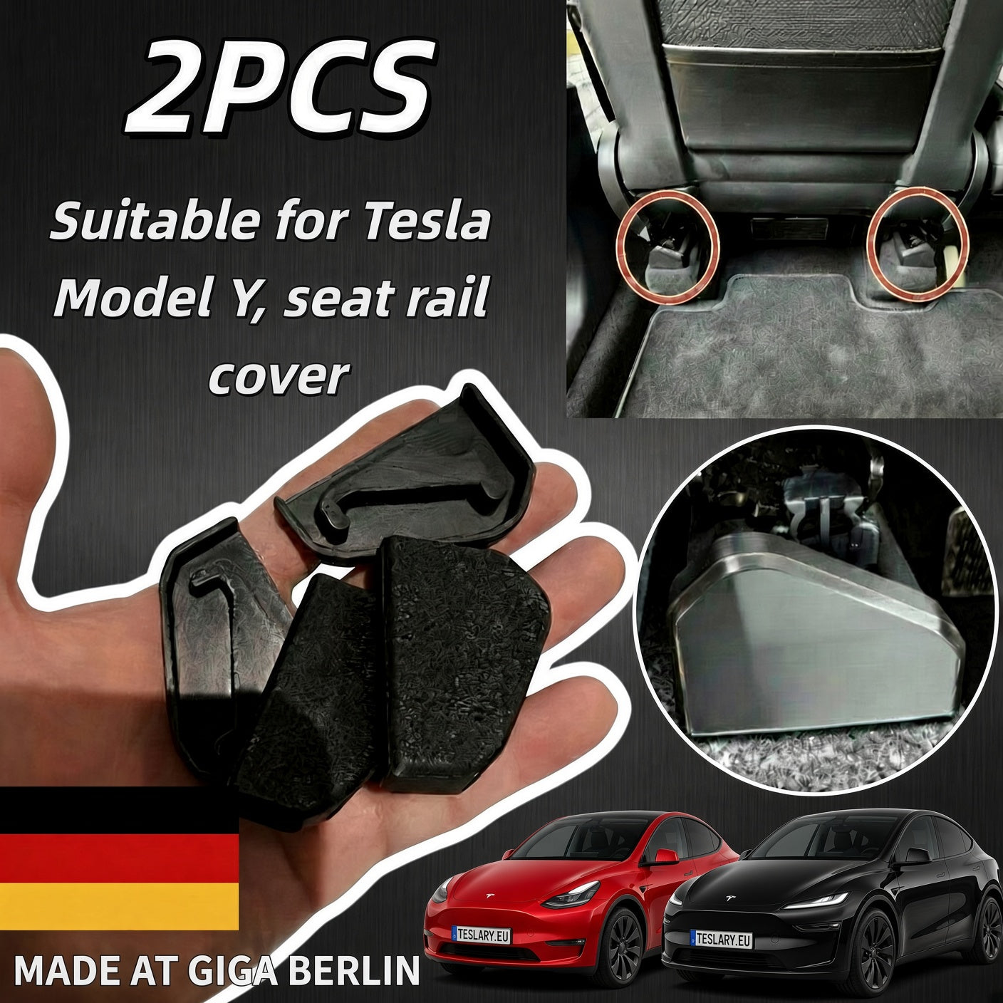 Four black seat rail covers held in a hand, with text stating '2PCS Suitable for Tesla Model Y, seat rail cover,' two inset photos showing installation on a car seat and floor area, and Tesla Model Y cars at the bottom. Tesla Model Y Giga Berlin Style Seat Rails Buy From Ireland and Europes Teslary.eu