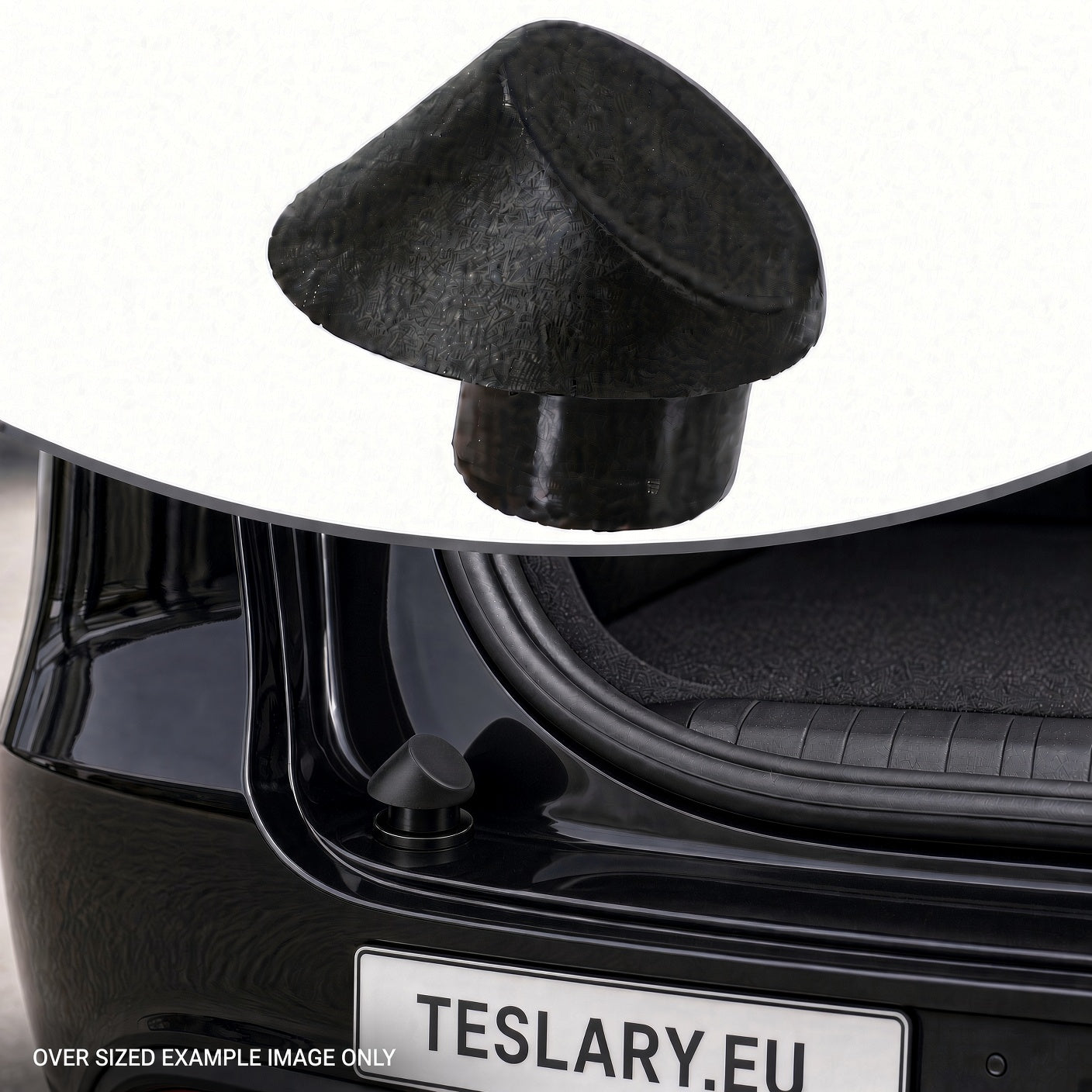 A black textured car trunk lid release cap shown floating above a black Tesla car trunk, with a small inset of the cap and a license plate reading TESLARY.EU. Tesla Trunk Rubber Stopper 1507940-00-C and 1507942-00-C Buy from Ireland and Europes teslary.eu
