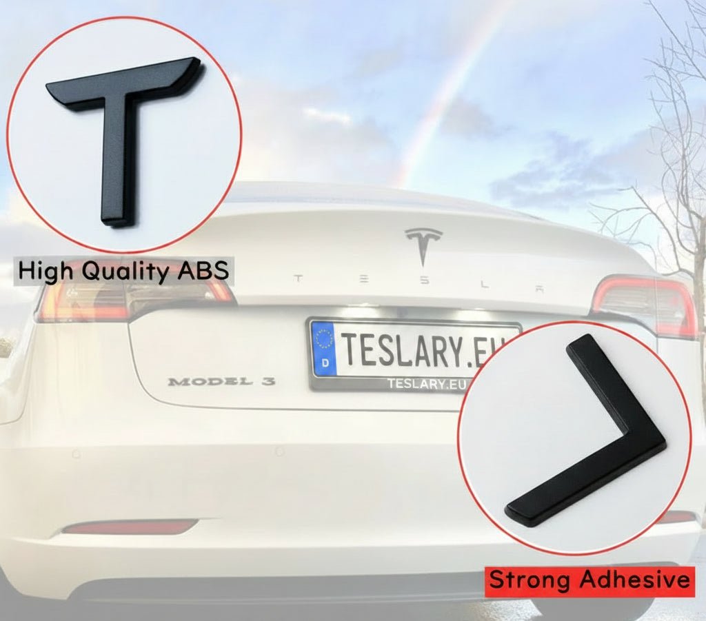 Car license plate frame with 'T' lettering on a Tesla Model 3, showing high-quality ABS material and strong adhesive.