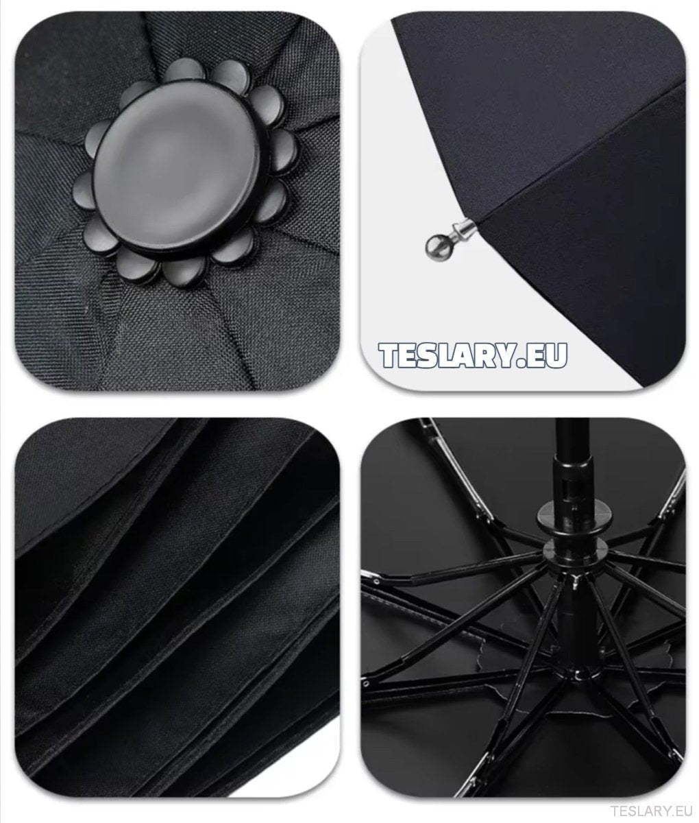 Black Wind & Rain Resistant Umbrella with Tesla Logo - TESLARY Tesla Shop Accessories Europe Nederlands Ireland Deutschland Espana Alicante France Italia