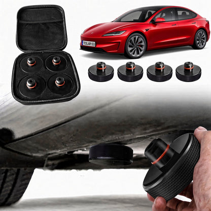 JACK PADS FOR TESLA , BYD , MG AND OTHER EVs , TESLA & BYD ACCESSORIES FROM IRELAND AND EUROPES TESLARY.EU WITH FREE DELIVERY ON ORDERS OVER €75-Black rubber tire pressure monitoring sensor pads with a red accent ring, shown in an open carrying case, with five individual pads, a red car in the background, and a hand demonstrating installation under the vehicle.