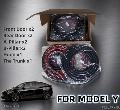A boxed set of Tesla Model Y door and pillar audio wiring harnesses, including front and rear doors, A-pillars, hood, and trunk, shown next to a black Tesla Model Y car graphic. The harnesses are packaged in clear plastic and include black cables with red connectors. tesla-model-3-absorption-sound-proofing-strips-teslary-dublin-ireland-nederlands-deutscgland-espana-alicante-madrid-tesla-shop-europe-france-italia-uk-united-ki-209965