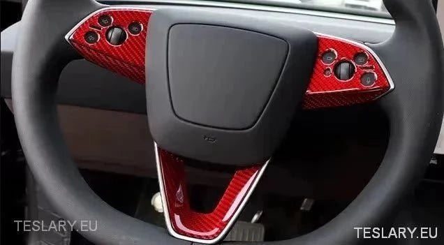 Tesla 3 Highland Real Carbon Fiber Steering Wheel trim in Black or Red - TESLARY Tesla Shop Accessories Europe Nederlands Ireland Deutschland Espana Alicante France Italia