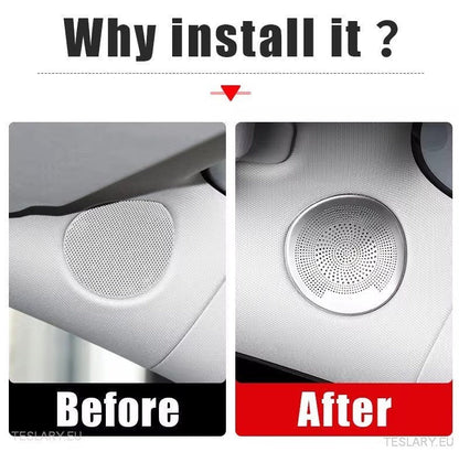 Tesla 3/Y Interior Front Circular Speaker Cover Silver ( PAIR ) - TESLARY Tesla Shop Accessories Europe Nederlands Dublin Cork Ireland Deutschland Espana Alicante France Italia