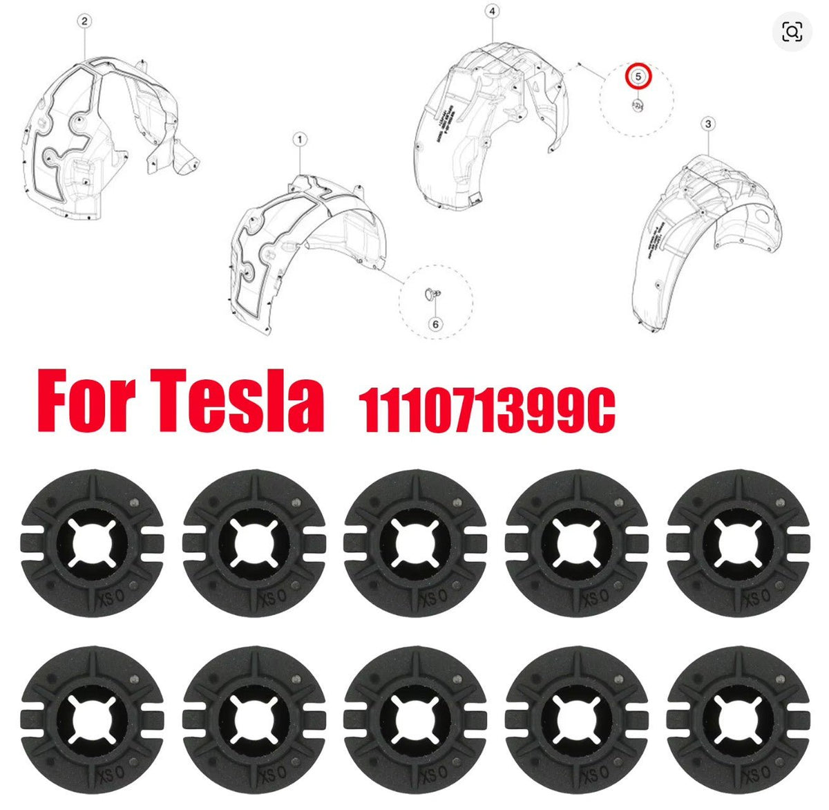 A product diagram showing black circular wheel hub covers arranged in two rows, with line drawings of corresponding fender mounting points above and large red text reading 'For Tesla 111071399C' on a white  TESLA_111071399C_BUY_FROM_EUROPES_TESLA_ACCESSORIES_SPECIALISTS_TESLARY.EU_TESLARY.IE_TESLARY.PT_TESLARY.ES_TESLARY.NL_TESLARY.FRbackground.