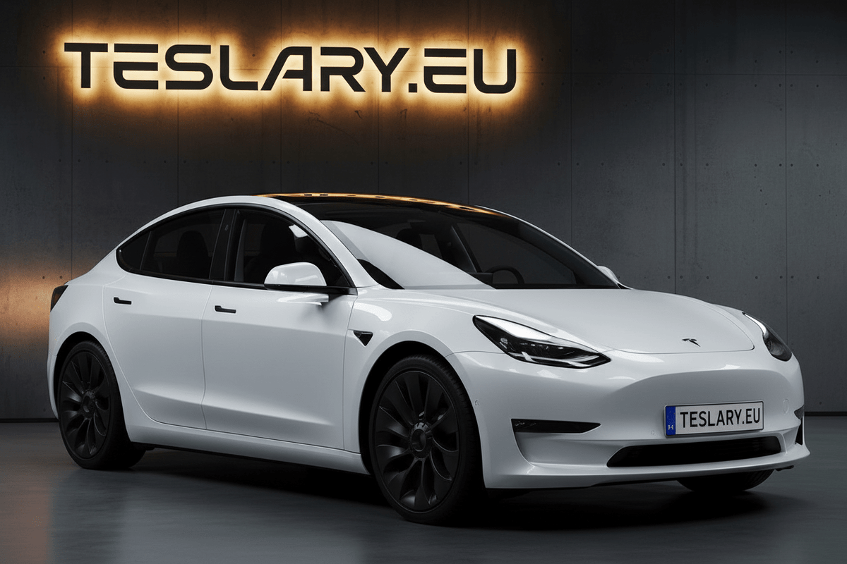 A white Tesla Model 3 sedan shown at a three-quarter front angle in a dark studio setting, with a large illuminated TESLARY.EU sign on the wall behind it and a matching license plate. Tesla_Model_3_2019_2020_2021_2022_2023_Ubertine_Wheel_Cover_Hubcaps_18inch_Buy_from_Ireland_and_Europes_Teslary.eu_with_Free_Delivery_with_Fedex_across_Europe