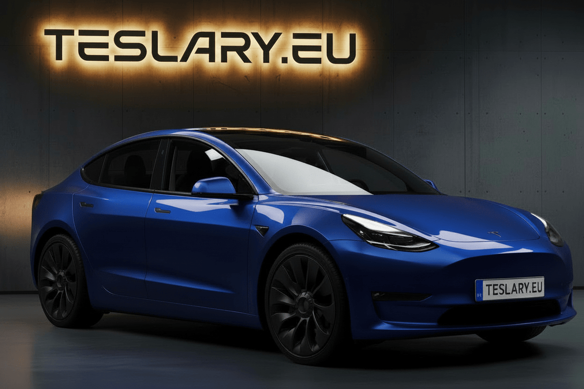 A matte black Tesla Model Y is shown from a three-quarter front angle in a dark studio setting. The background features a dark gray textured wall with a glowing orange 'TESLARY. Tesla Model 3 2019 2020 2021 2022 2023 Ubertine Wheel Cover Hubcaps 18inch Buy from Ireland and Europes Teslary.eu with Free Delivery with Fedex across Europe Tesla_Model_3_2019_2020_2021_2022_2023_Ubertine_Wheel_Cover_Hubcaps_18inch_Buy_from_Ireland_and_Europes_Teslary.eu_with_Free_Delivery_with_Fedex_across_Europe_