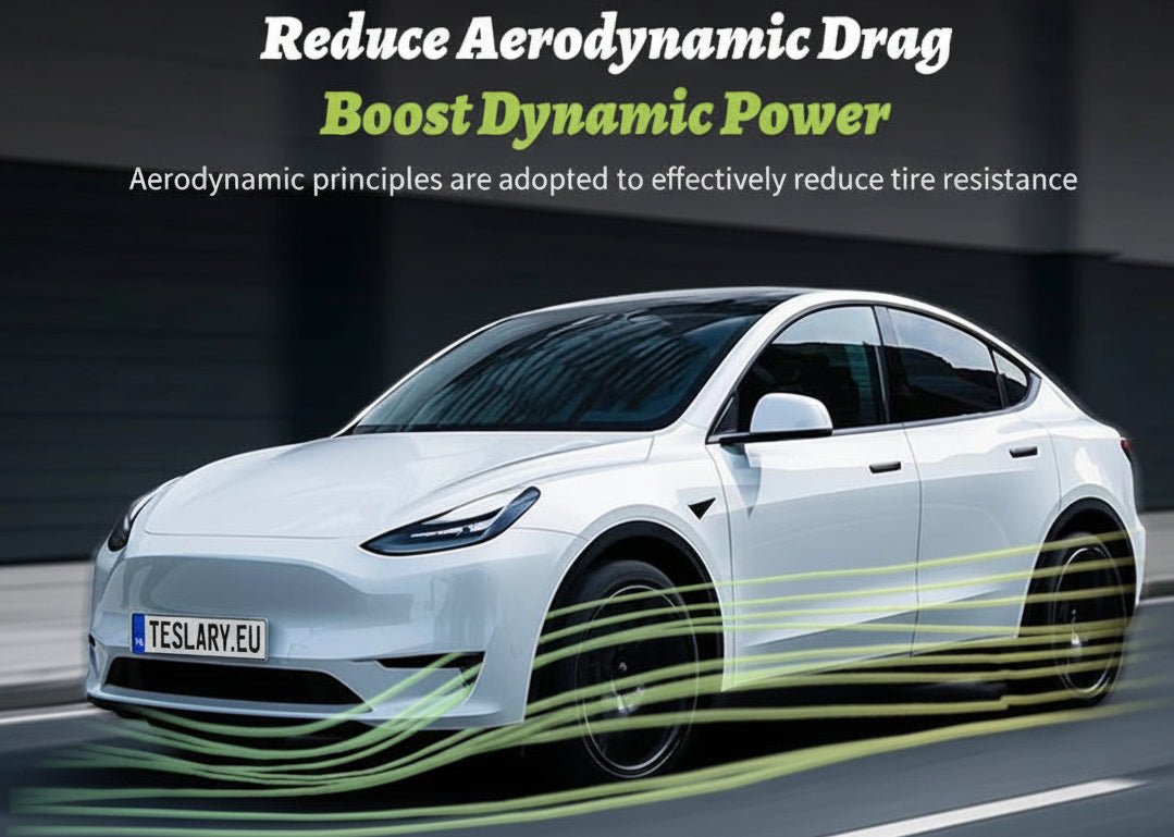 A white Tesla Model Y is shown driving on a road with graphic green airflow lines and marketing text at the top reading 'Reduce Aerodynamic Drag Boost Dynamic Power'. This is not a clean standalone product photo because the image is a promotional graphic with text and motion graphics, so subject_type is best classified as Other rather than Product/Packaging or Lifestyle. TESLA_MODEL_3_Uberturbine_Style_Hubcaps_2019_2020_2021_2022_2023_Wheel_Covers_Buy_from_Ireland_and_Europes_Teslary.eu_with_Free_Fedex_Deli