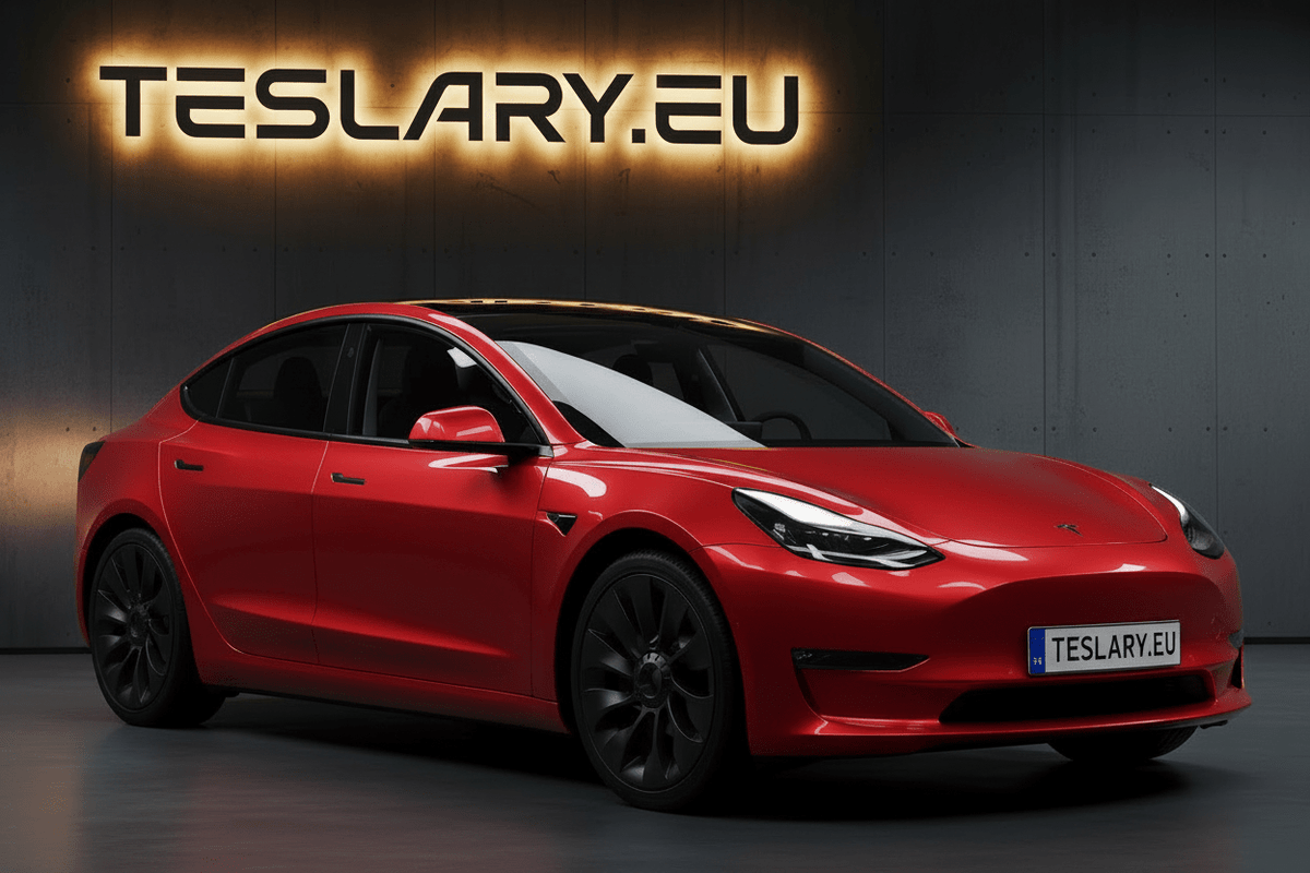 A red Tesla Model 3 sedan shown at a three-quarter front angle in a dark studio setting, with a glowing TESLARY.EU sign above and a TESLARY. Tesla_Model_3_2019_2020_2021_2022_2023_Ubertine_Wheel_Cover_Hubcaps_18inch_Buy_from_Ireland_and_Europes_Teslary.eu_with_Free_Delivery_with_Fedex_across_Europe_1_c60e6284-6ef1-49c7-aeb2-203f16d8914e