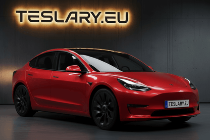 A red Tesla Model 3 sedan shown at a three-quarter front angle in a dark studio setting, with a glowing TESLARY.EU sign above and a TESLARY. Tesla_Model_3_2019_2020_2021_2022_2023_Ubertine_Wheel_Cover_Hubcaps_18inch_Buy_from_Ireland_and_Europes_Teslary.eu_with_Free_Delivery_with_Fedex_across_Europe_1_c60e6284-6ef1-49c7-aeb2-203f16d8914e