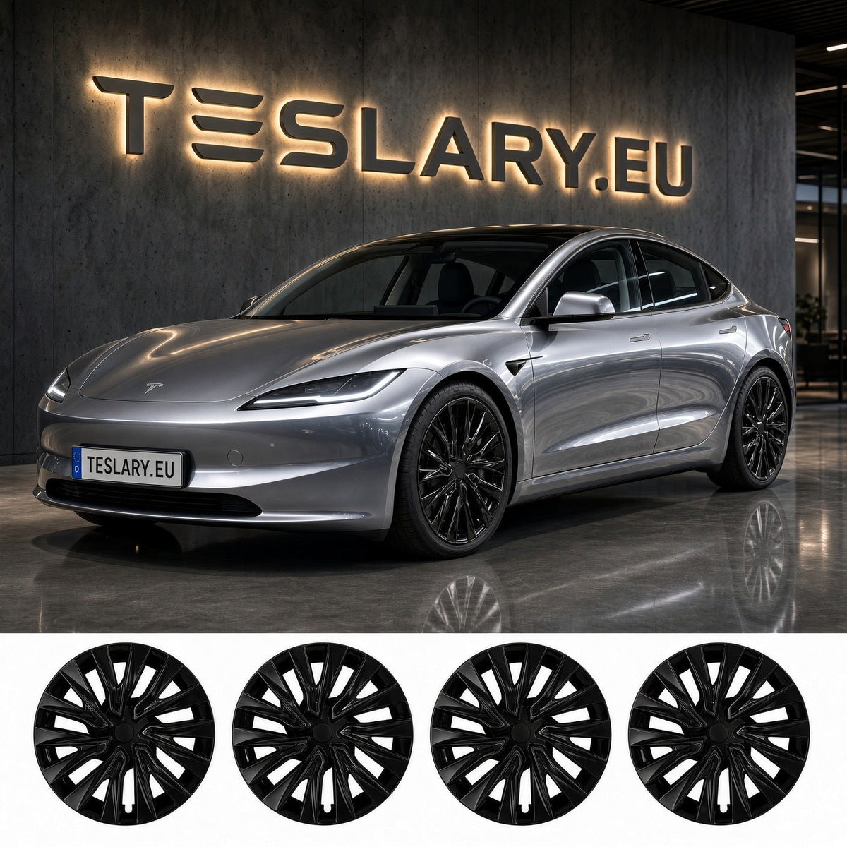 A silver Tesla Model 3 shown in a showroom with a large illuminated TESLARY.EU sign on the wall behind it, plus four black multi-spoke wheel covers displayed along the bottom. TESLA MODEL 3 HIGHLAND 18 INCH WHEEL COVERS UBER NOVA PERFORMANCE STYLE GLOSS BLACK FREE DELIVERY WITH FEDEX ACROSS EUROPE FROM IRELAND AND EUROPES TESLARY.EU THE TESLA ACCESSORIES SPECIALISTS