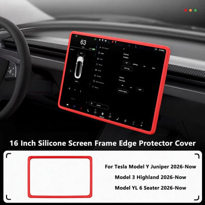 A red silicone screen frame protector cover shown fitted around a 16-inch car display inside a Tesla dashboard, with text listing compatibility for Tesla Model Y Juniper, Model 3 Highland, and Model YL 6 Seater. TESLA_MODEL_Y_JUNIPER_TESLA_MODEL_3_HIGHLAND_16_SCREEN_YL_SCREEN_SILICONE_EDGE_PROTECTOR_BLACK_GREY_WHITE_BUY_FROM_IRELAND_AND_EUROPES_TESLARY.EU_TESLARY.FI_TESLARY.SE_TESLARY.ES_TESLARY.PT_TESLARY.CO.UK_TESLARY.IE