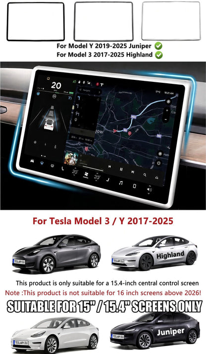 Car dashboard screen protector film shown installed around a large central console screen, with text indicating compatibility for Y 2019-2025 Juniper and Tesla Model 3 / Y 2017-2025. The image includes small car illustrations and a note that the product is suitable for a 15. TESLA_MODEL_Y_JUNIPER_TESLA_MODEL_3_HIGHLAND_16_SCREEN_YL_SCREEN_SILICONE_EDGE_PROTECTOR_BLACK_GREY_WHITE_BUY_FROM_IRELAND_AND_EUROPES_TESLARY.EU_TESLARY.FI_TESLARY.SE_TESLARY.ES_TESLARY.PT_TESLARY.CO.UK_TESLARY.IE