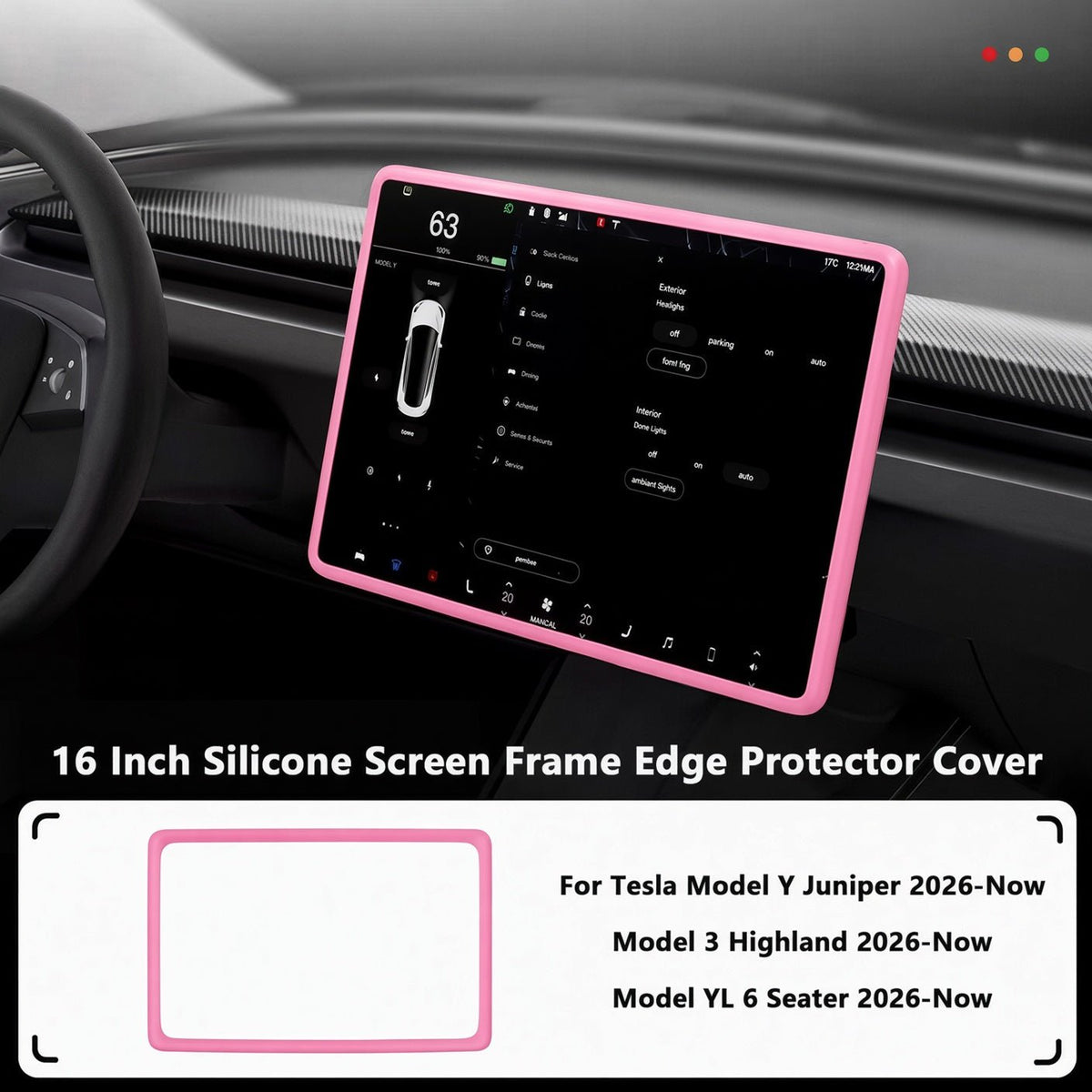 A pink silicone screen frame protector cover shown installed around a large car dashboard display inside a vehicle, with text reading '16 Inch Silicone Screen Frame Edge Protector Cover' and compatibility notes for Tesla Model Y Juniper, Model 3 Highland, and Model YL 6 Seater. TESLA_MODEL_Y_JUNIPER_TESLA_MODEL_3_HIGHLAND_16_SCREEN_YL_SCREEN_SILICONE_EDGE_PROTECTOR_BLACK_GREY_WHITE_BUY_FROM_IRELAND_AND_EUROPES_TESLARY.EU_TESLARY.FI_TESLARY.SE_TESLARY.ES_TESLARY.PT_TESLARY.CO.UK_TESLARY.IE