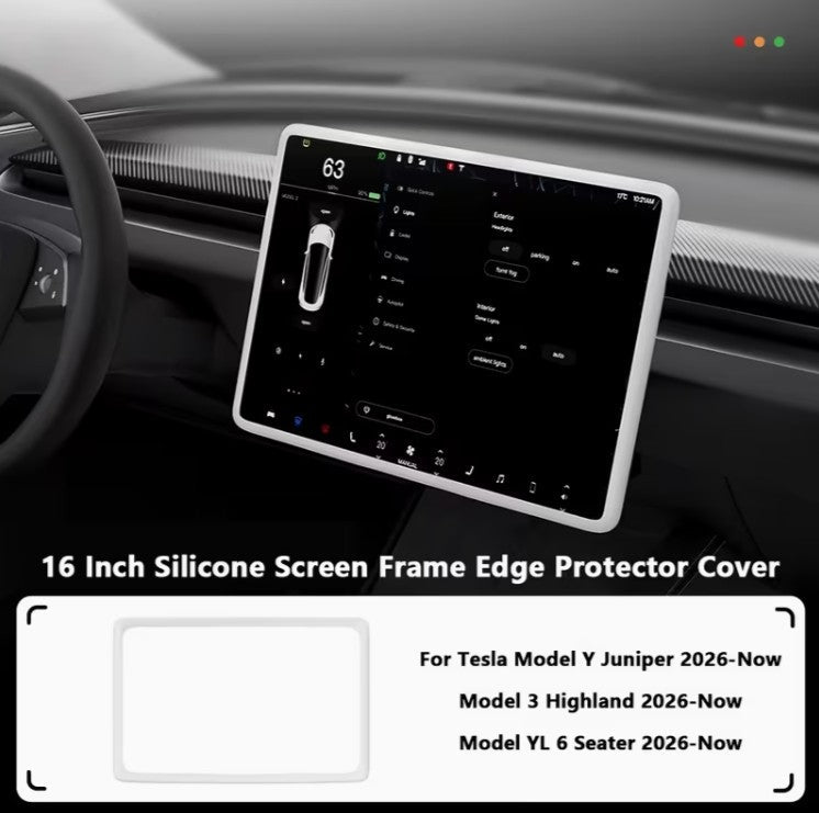 A 16-inch silicone screen frame edge protector cover shown installed around the central touchscreen of a Tesla Model Y dashboard, with text below listing compatible models and a small inset of the protector cover. TESLA_MODEL_Y_JUNIPER_TESLA_MODEL_3_HIGHLAND_16_SCREEN_YL_SCREEN_SILICONE_EDGE_PROTECTOR_BLACK_GREY_WHITE_BUY_FROM_IRELAND_AND_EUROPES_TESLARY.EU_TESLARY.FI_TESLARY.SE_TESLARY.ES_TESLARY.PT_TESLARY.CO.UK_TESLARY.IE