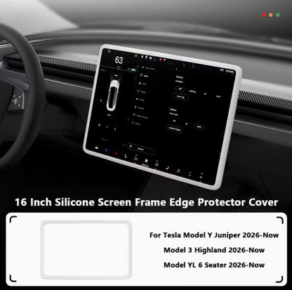 A 16-inch silicone screen frame edge protector cover shown installed around the central touchscreen of a Tesla Model Y dashboard, with text below listing compatible models and a small inset of the protector cover. TESLA_MODEL_Y_JUNIPER_TESLA_MODEL_3_HIGHLAND_16_SCREEN_YL_SCREEN_SILICONE_EDGE_PROTECTOR_BLACK_GREY_WHITE_BUY_FROM_IRELAND_AND_EUROPES_TESLARY.EU_TESLARY.FI_TESLARY.SE_TESLARY.ES_TESLARY.PT_TESLARY.CO.UK_TESLARY.IE