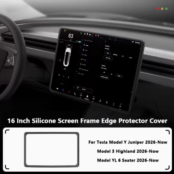 A 16-inch silicone screen frame edge protector cover shown as a product graphic, with a car interior mockup above indicating compatibility with Tesla Model Y Juniper, Model 3 Highland, and Model YL 6 Seater. TESLA_MODEL_Y_JUNIPER_TESLA_MODEL_3_HIGHLAND_16_SCREEN_YL_SCREEN_SILICONE_EDGE_PROTECTOR_BLACK_GREY_WHITE_BUY_FROM_IRELAND_AND_EUROPES_TESLARY.EU_TESLARY.FI_TESLARY.SE_TESLARY.ES_TESLARY.PT_TESLARY.CO.UK_TESLARY.IE