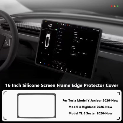 A 16-inch silicone screen frame edge protector cover shown as a product graphic, with a car interior mockup above indicating compatibility with Tesla Model Y Juniper, Model 3 Highland, and Model YL 6 Seater. TESLA_MODEL_Y_JUNIPER_TESLA_MODEL_3_HIGHLAND_16_SCREEN_YL_SCREEN_SILICONE_EDGE_PROTECTOR_BLACK_GREY_WHITE_BUY_FROM_IRELAND_AND_EUROPES_TESLARY.EU_TESLARY.FI_TESLARY.SE_TESLARY.ES_TESLARY.PT_TESLARY.CO.UK_TESLARY.IE