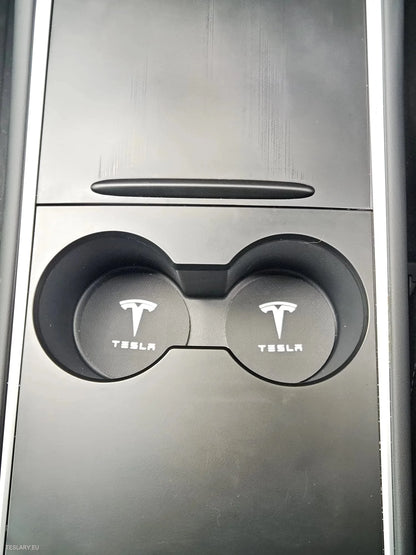 Tesla Model 3 Y S x Black Leather Center Console Cup Inserts med logo