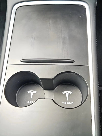 Tesla Model 3 Y S x Black Leather Center Console Cup Inserts med logo