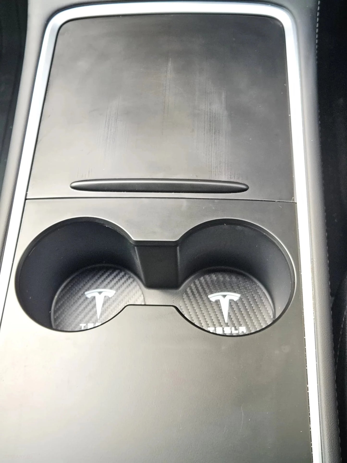 Tesla Model 3 Y S x Black Leather Center Console Cup Inserts med logo