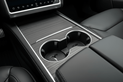 Tesla Model 3 Y S X Black Leather Centre Console Cup Inserts with Logo - TESLARY Tesla Shop Accessories Europe Nederlands Dublin Cork Ireland Deutschland Espana Alicante France Italia