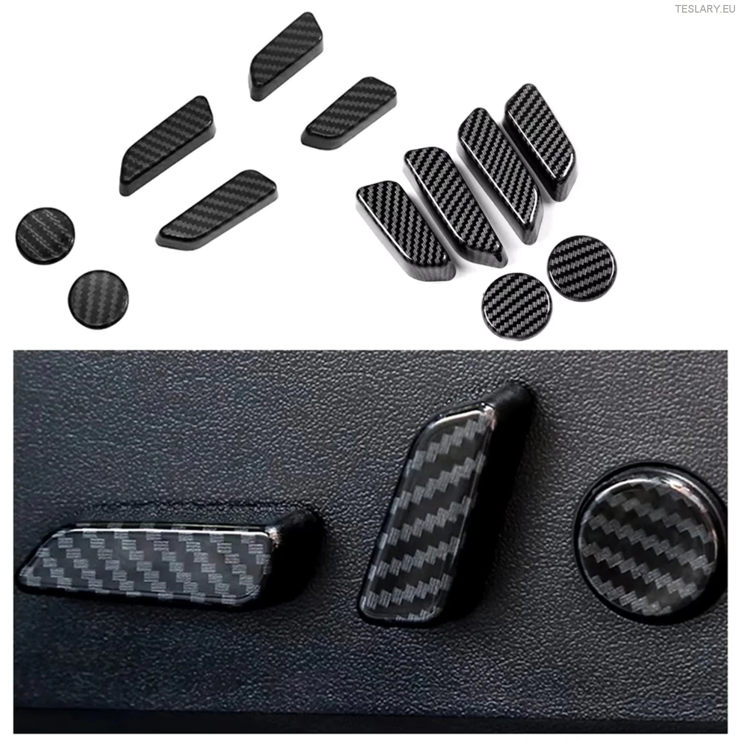 Tesla Model 3/Y Seat Control Button Full 3D beskyttelsesdeksler karbonfiberstil i svart, rødt eller blå