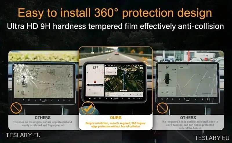 Tesla Model 3 / Y Tempered Glass Screen Protector with Carbon Fibre Edge - TESLARY Tesla Shop Accessories Europe Nederlands Dublin Cork Ireland Deutschland Espana Alicante France Italia