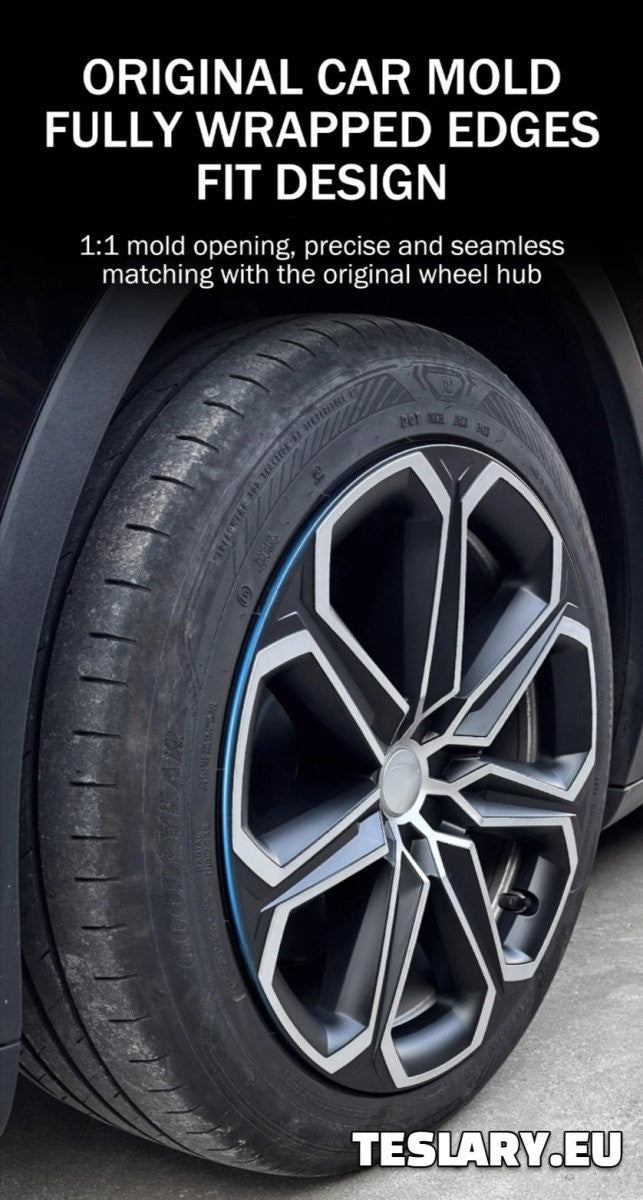 TESLA MODEL Y 19" UNIQUE S14 FULL COVER WHEEL HUBS BLACK & SILVER - TESLARY Tesla Shop Accessories Europe Nederlands Dublin Cork Ireland Deutschland Espana Alicante France Italia