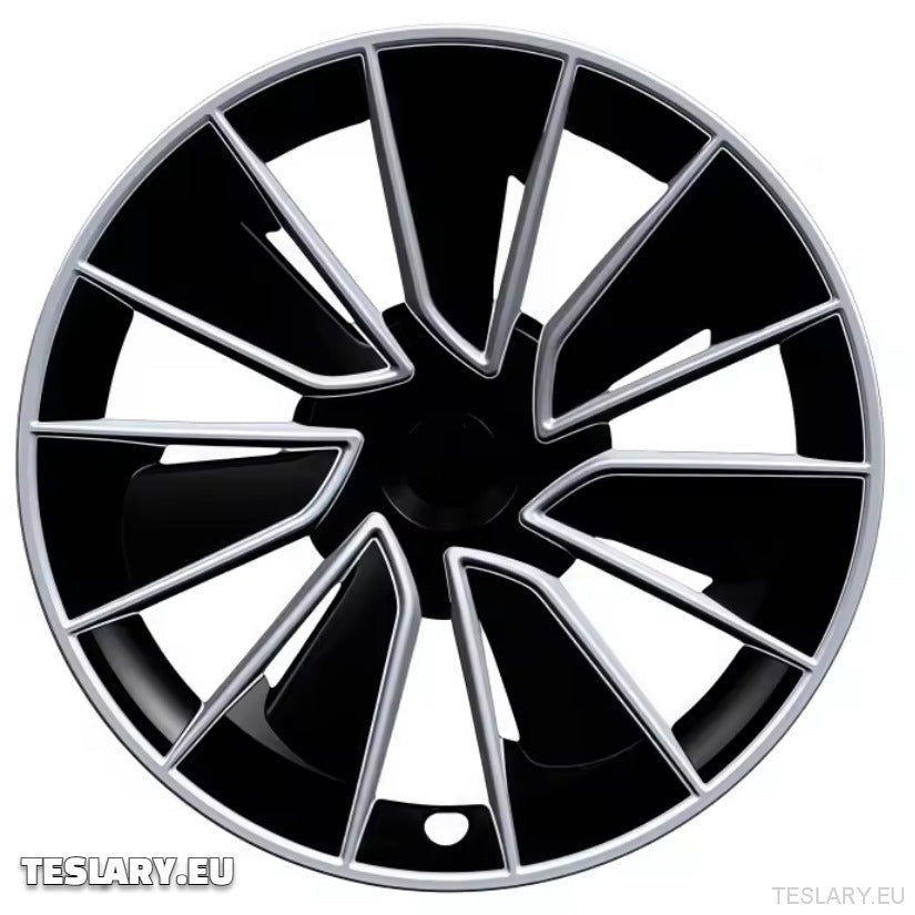 TESLA MODEL Y 19" UNIQUE S15 FULL COVER WHEEL HUBS BLACK & SILVER - TESLARY Tesla Shop Accessories Europe Nederlands Dublin Cork Ireland Deutschland Espana Alicante France Italia