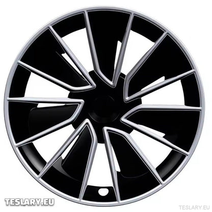TESLA MODEL Y 19" UNIQUE S15 FULL COVER WHEEL HUBS BLACK & SILVER - TESLARY Tesla Shop Accessories Europe Nederlands Dublin Cork Ireland Deutschland Espana Alicante France Italia