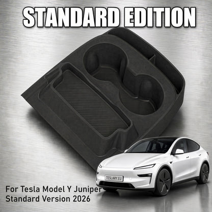 Black molded car organizer tray insert labeled 'STANDARD EDITION' on a brushed metal background, with a white Tesla Model Y shown at lower right and text reading 'For Tesla Model Y Juniper Standard Version 2026'. tesla-model-y-juniper-standard-centre-console-cup-holder-with-storage-box-for-tesla-for-model-y-juniper-standard-version-only-organizer-accessories-interior-sto-5963228