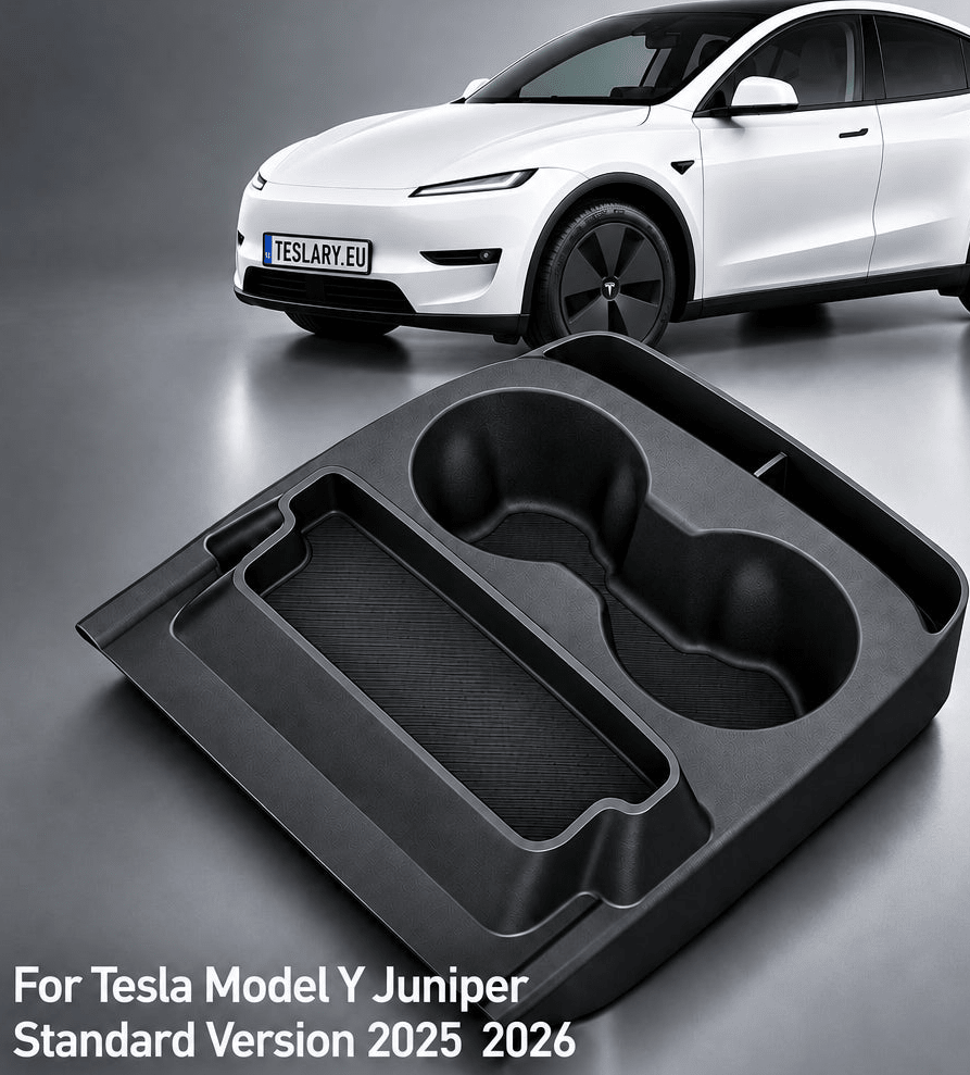 A black plastic car organizer tray with two cup holders and a long rectangular slot, shown in the foreground on a gray studio background. A white Tesla Model Y is blurred in the background, with text at the bottom reading 'For Tesla Model Y Juniper Standard Version 2025 2026'. tesla-model-y-juniper-standard-centre-console-cup-holder-with-storage-box-for-tesla-for-model-y-juniper-standard-version-only-organizer-accessories-interior-sto-5963228