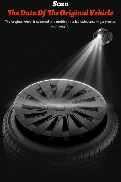 A black car wheel cover or tire cover shown on a black background with promotional text at the top reading 'Scan The Data Of The Original Vehicle' and a spotlight graphic illuminating the product.