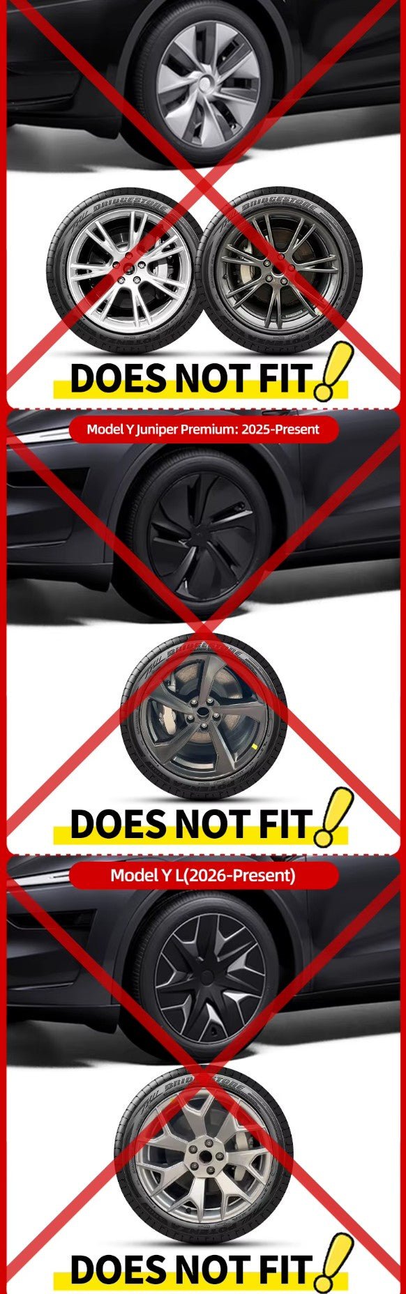 A vertical compatibility chart showing four different car wheel models, each crossed out with a red X and labeled 'DOES NOT FIT' with model references including Yngar Premium 2023 and LC036-Present.